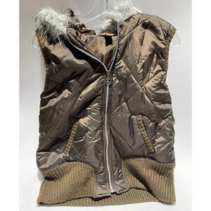 Lena Jeans Puffer Brown Zip Up Fur Hooded Vest Junior's Size Large